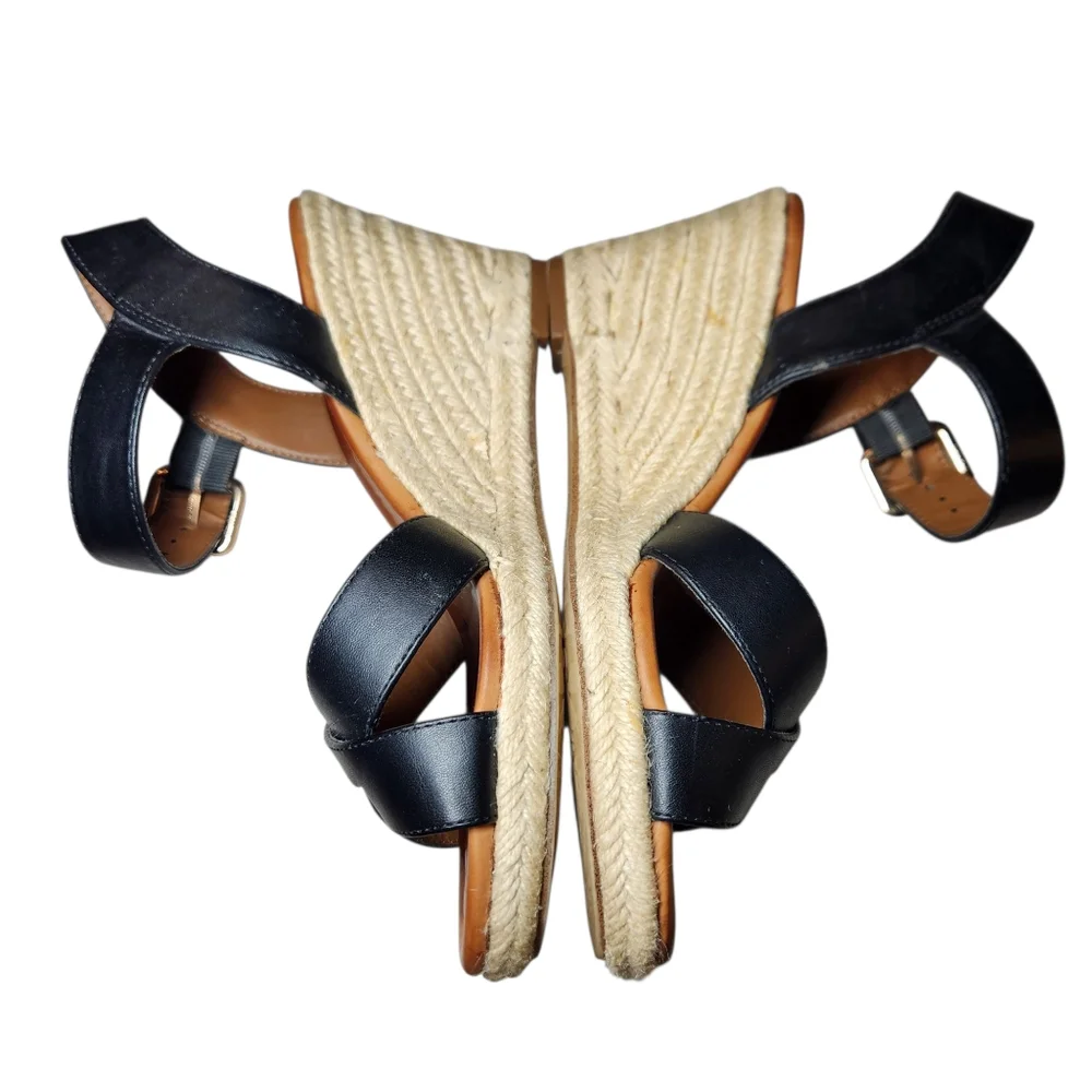 Pesaro Espadrille Wedge Black Vegan Leather Sandals Ankle Strap‎ Gold Buckle 8